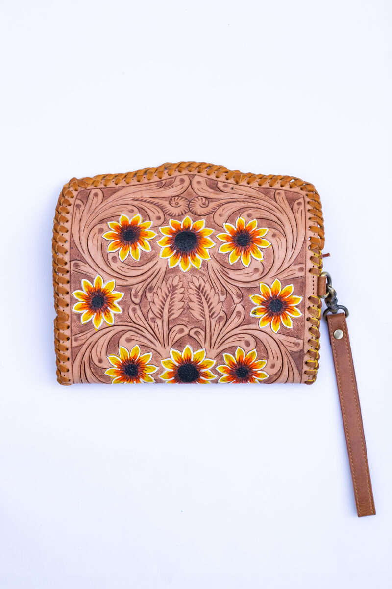 Western Floral Tooled Leather Wristlet Wallet Purse