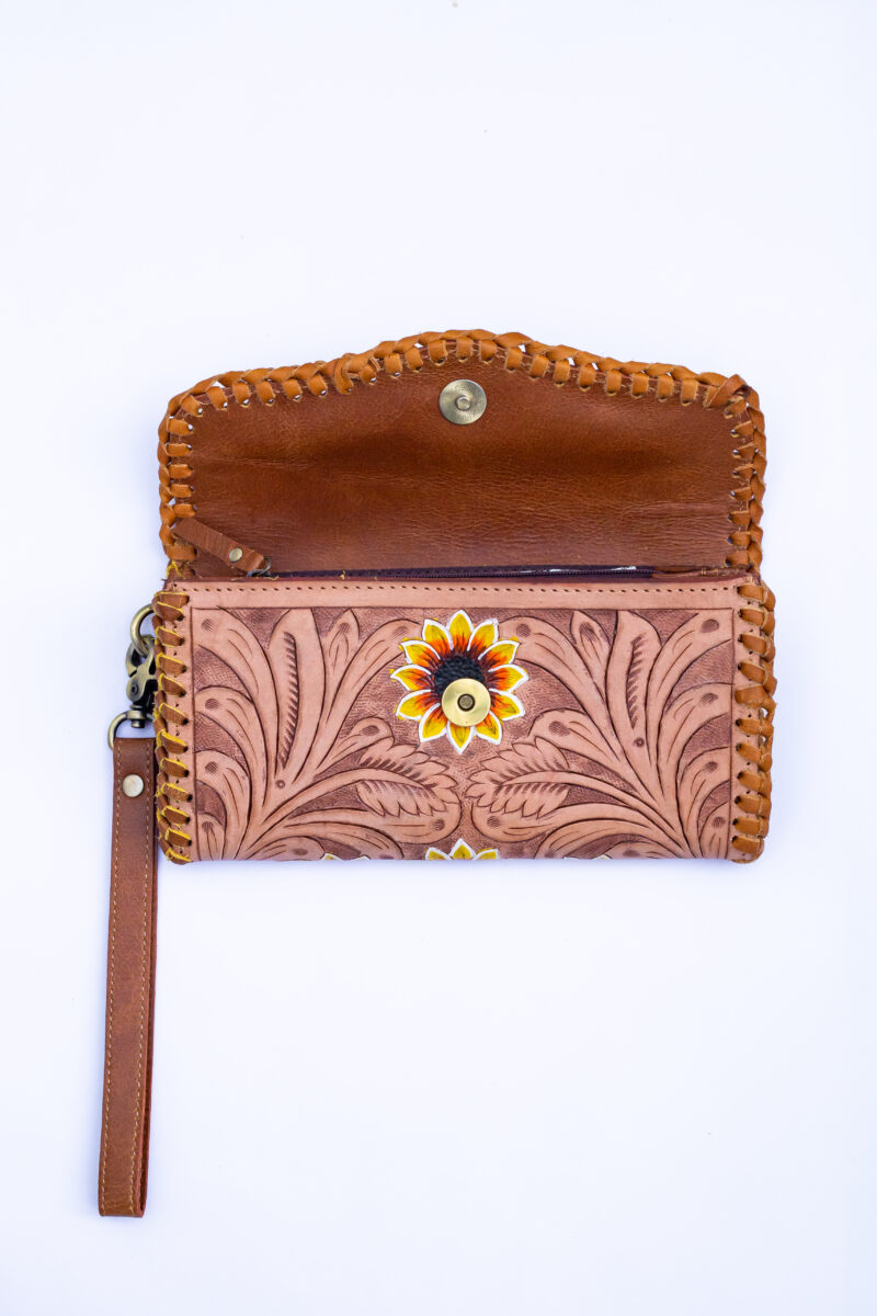 Western Floral Tooled Leather Wristlet Wallet Purse
