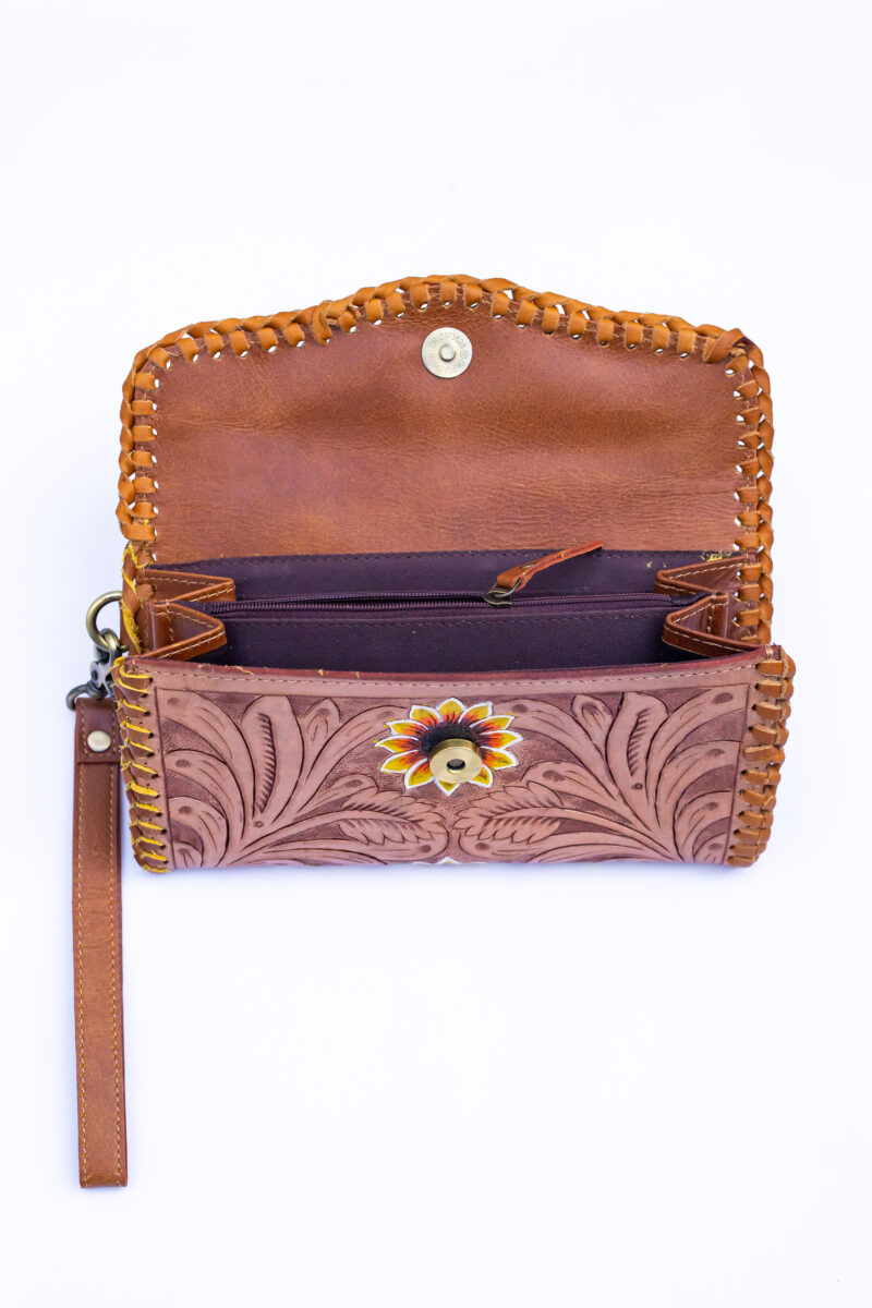 Western Floral Tooled Leather Wristlet Wallet Purse