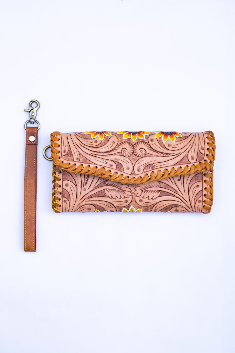 Western Floral Tooled Leather Wristlet Wallet Purse
