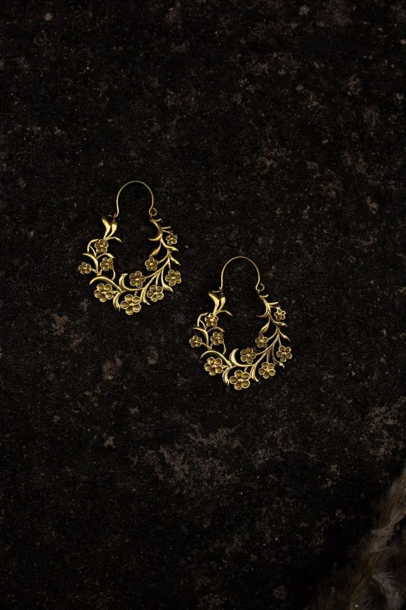 Antique Gold Floral Hoop Earrings